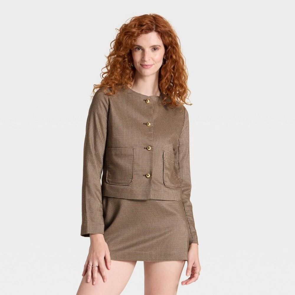 Women's Woven Lady Jacket - A New Day Brown Plaid L